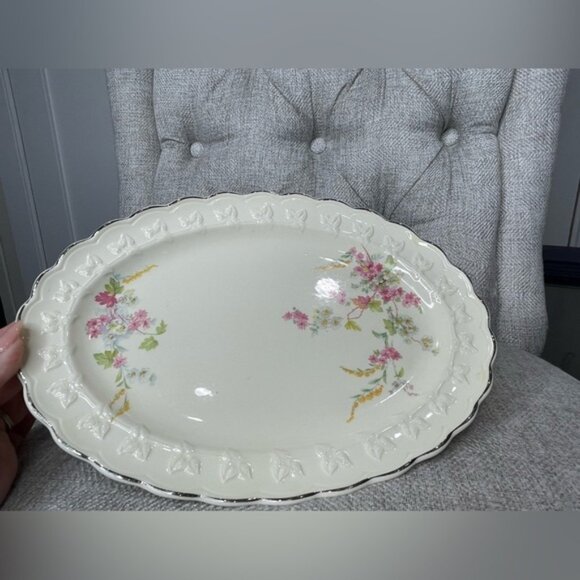Vintage TST Taylor Smith Taylor Co China Pink Floral Gold Serving Platter - Picture 1 of 4